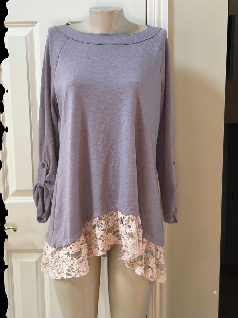 LOGO Lounge by Lori Goldstein Dusty Lavender Tunic with Blush Lace Hem, large